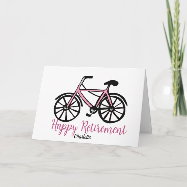 Tarjeta de bicicleta rosa de Feliz Jubilación (Anverso)