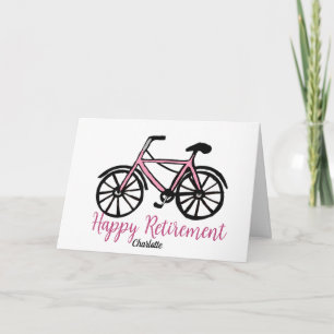 Tarjeta de bicicleta rosa de retiro feliz