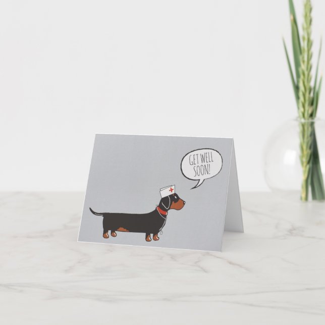 Tarjeta de bienestar pronto - Dachshund con equipo (Anverso)
