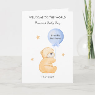 Tarjeta de bienvenida al bebé niño con oso de glob