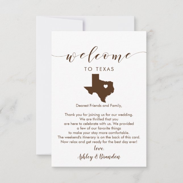 Tarjeta de bienvenida al Boda de Texas, carta e it (Anverso)