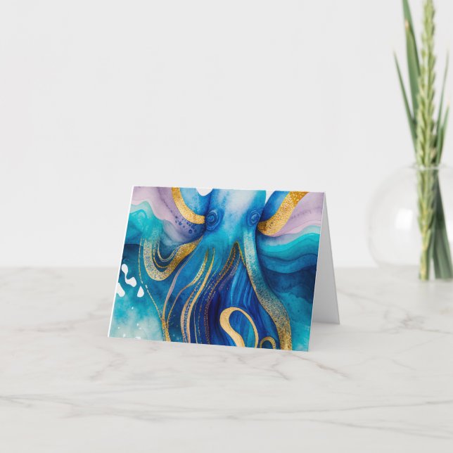 Tarjeta de bienvenida azul turquesa de oro Octopus (Anverso)