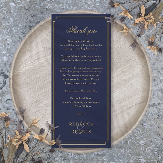 Tarjeta de bienvenida azul y dorada de la Marina (Navy Blue And Gold Reception Thank You Place Card)