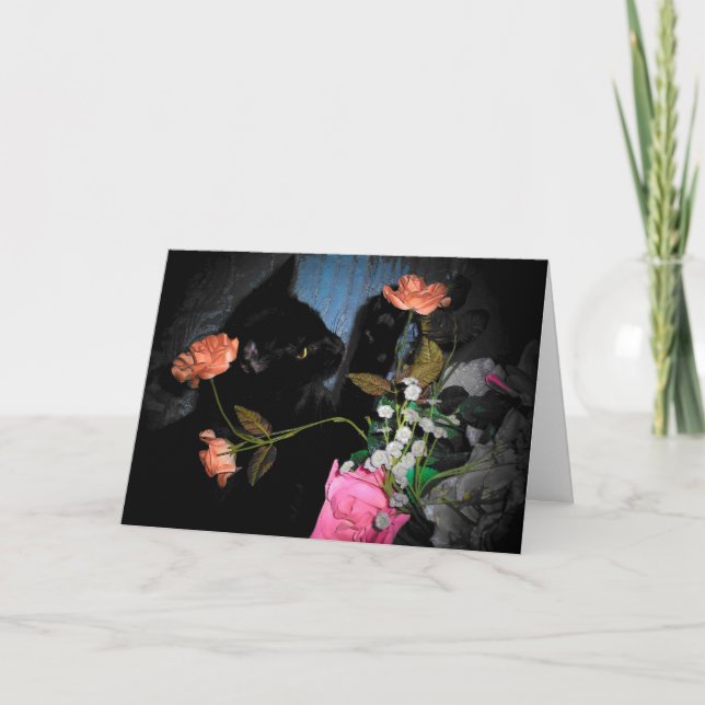 Tarjeta de bienvenida Black Kitty y Flores (Anverso)