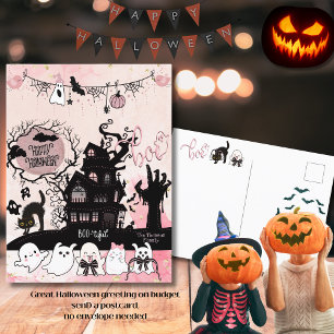 Tarjeta de bienvenida "Boo" rosa y negra de Hallow
