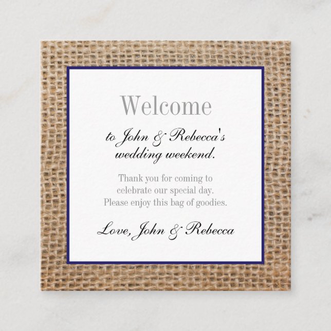 Tarjeta de bienvenida Burlap & Navy Blue Boda (Anverso)