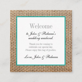 Tarjeta de bienvenida Burlap y Boda Verde azulado