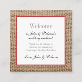 Tarjeta de bienvenida Burlap y Red Boda