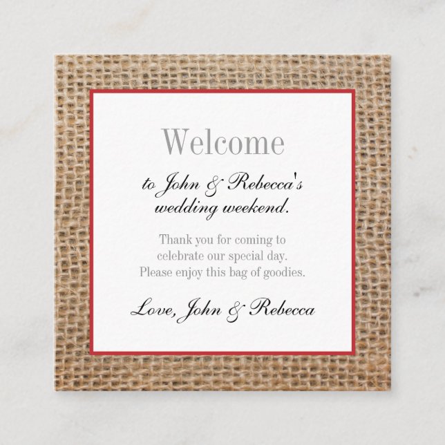 Tarjeta de bienvenida Burlap y Red Boda (Anverso)