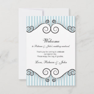 Tarjeta de bienvenida de boda a rayas azules vinta