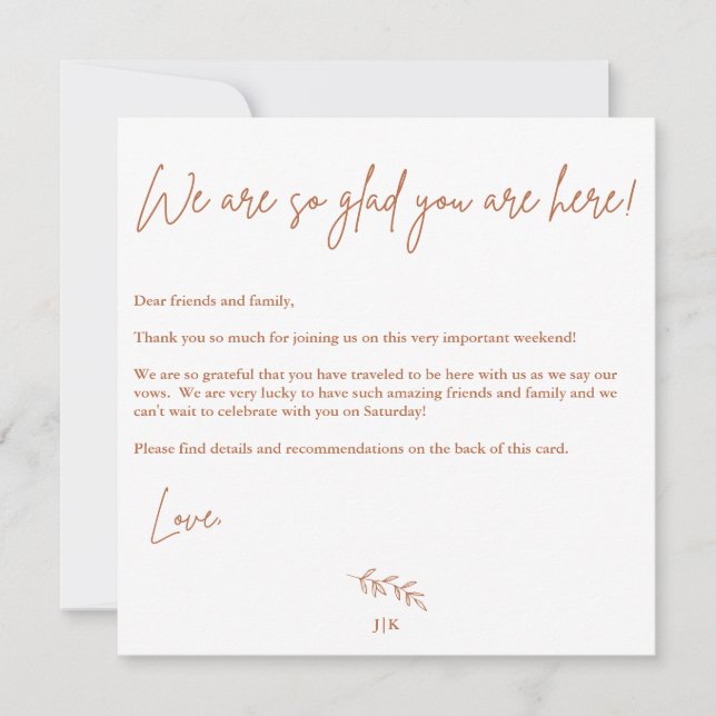 Tarjeta de bienvenida de boda boho cálida (Anverso)