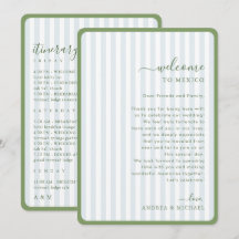 Tarjeta de bienvenida de boda con franjas verdes y