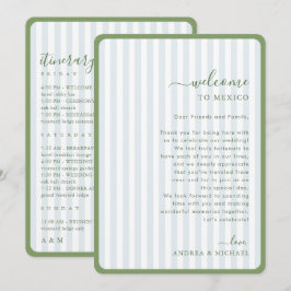 Tarjeta de bienvenida de boda con franjas verdes y