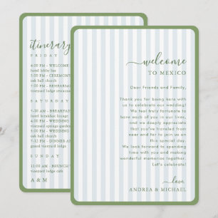 Tarjeta de bienvenida de boda con franjas verdes y
