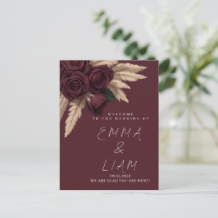 Tarjeta de Bienvenida de Boda con Rosa de Borgoña 