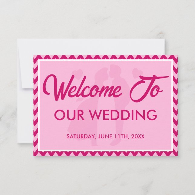 Tarjeta de Bienvenida de Boda de Chevron Rosa Clar (Anverso)