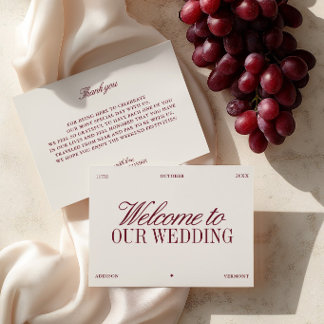 Tarjeta de Bienvenida de Boda Elegante Burgundy y