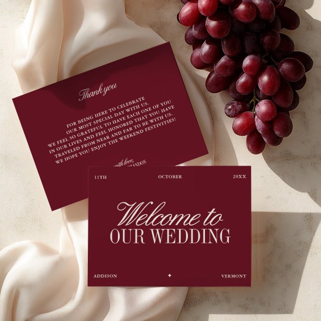 Tarjeta de Bienvenida de Boda Elegante Burgundy y  (Elegant Burgundy & Ivory Wedding Welcome Card)