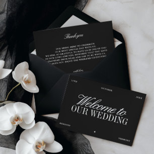Tarjeta de bienvenida de boda elegante en negro y