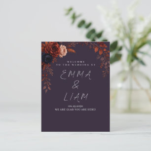 Tarjeta de bienvenida de boda floral de Borgoña ca