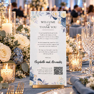 Tarjeta de bienvenida de boda floral dorada azul p