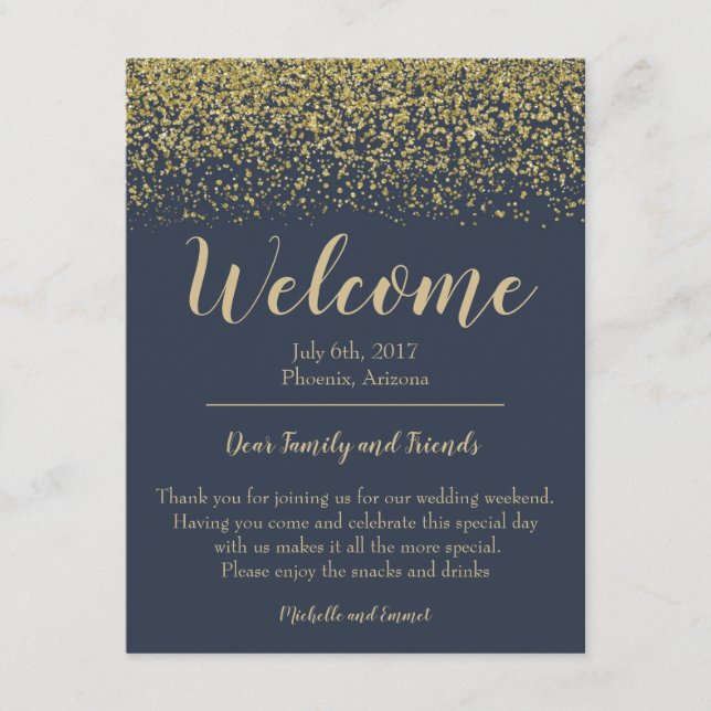 Tarjeta de bienvenida de la Marina Azul y Oro Boda (Anverso)