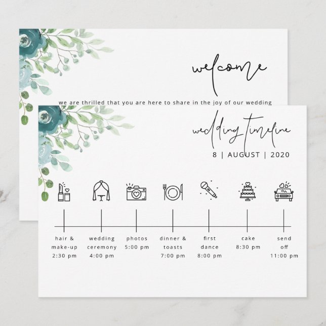 Tarjeta de bienvenida Dusty Blue Floral Boda Timel (Anverso / Reverso)