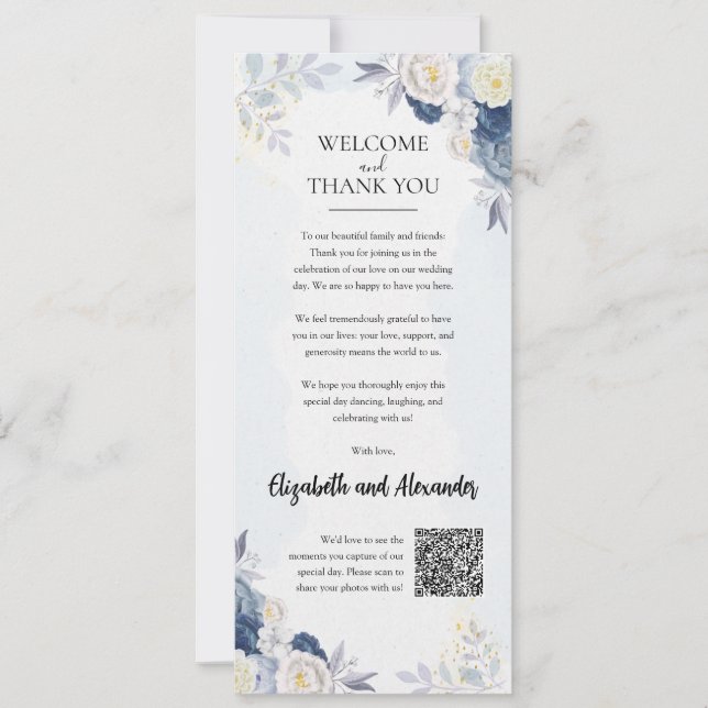 Tarjeta de bienvenida Dusty Blue Gold Floral Boda (Anverso)