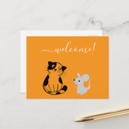 Tarjeta de bienvenida naranja con gato y ratón