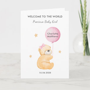 Tarjeta de bienvenida para bebé niña con oso de gl
