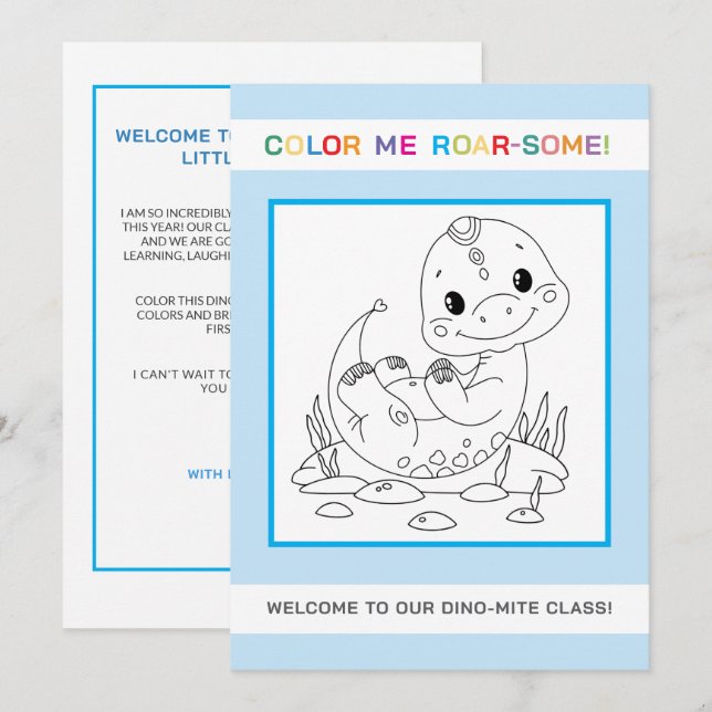 Tarjeta de bienvenida para colorear de dinosaurio  (Anverso / Reverso)
