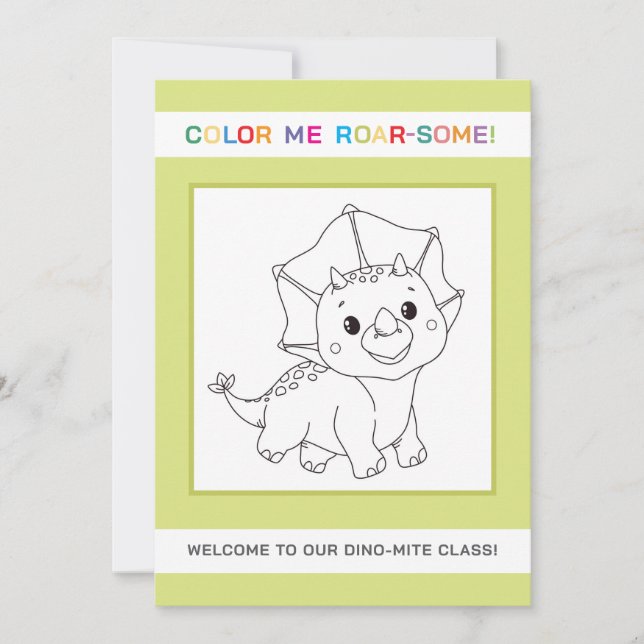 Tarjeta de bienvenida para colorear de dinosaurio  (Anverso)