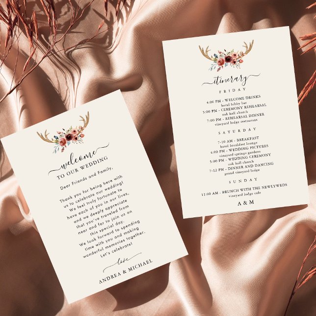 Tarjeta de bienvenida tineraria Boho Antlers Boda (Subido por el creador)