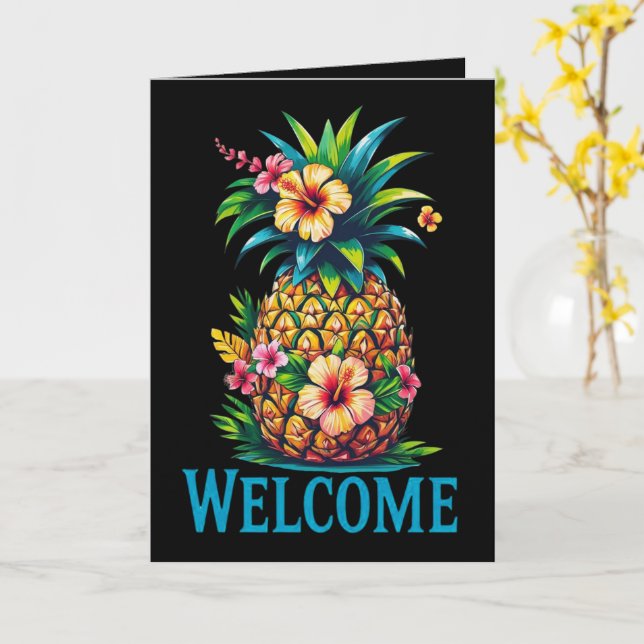 Tarjeta de bienvenida Tropical Pineapple Aloha (flor amarilla)