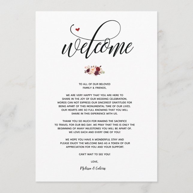 Tarjeta de bienvenida y itinerario de boda moderna (Anverso)