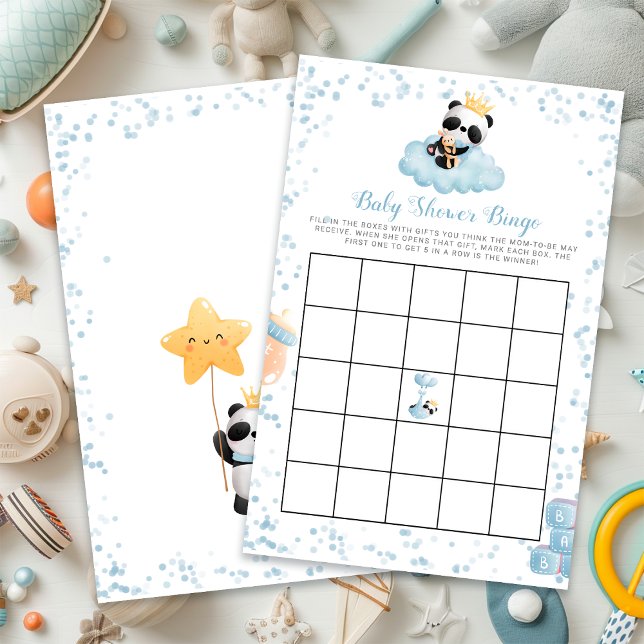 Tarjeta de bingo Baby Shower azul de Budget Boy Pa (Budget Boy Panda Bear Blue Baby Shower Bingo Card)