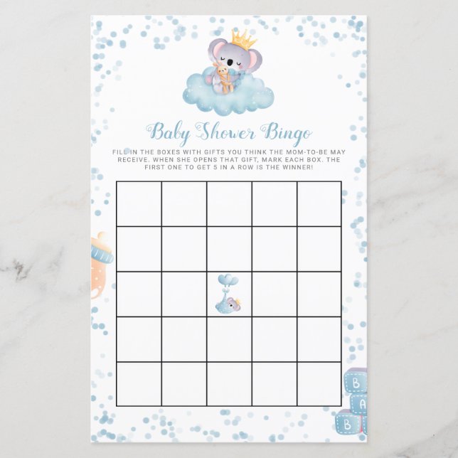 Tarjeta de bingo Baby Shower azul para niño con pr (Anverso)