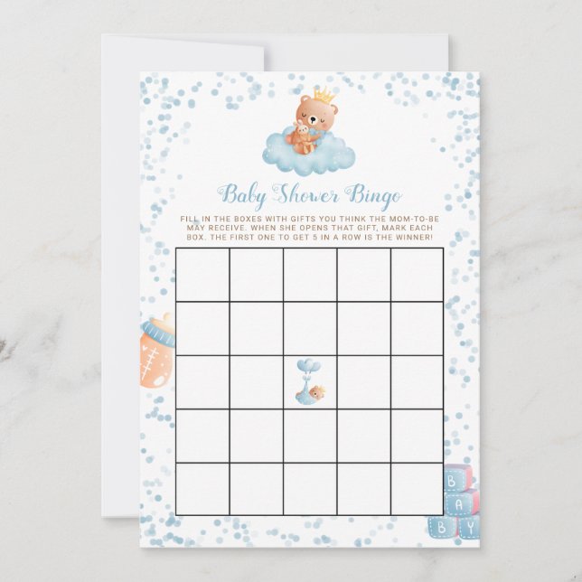 Tarjeta de Bingo Baby Shower azul para oso de niño (Anverso)