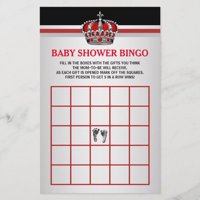 Tarjeta de Bingo Baby Shower Bingo de Príncipe Roj (Anverso)