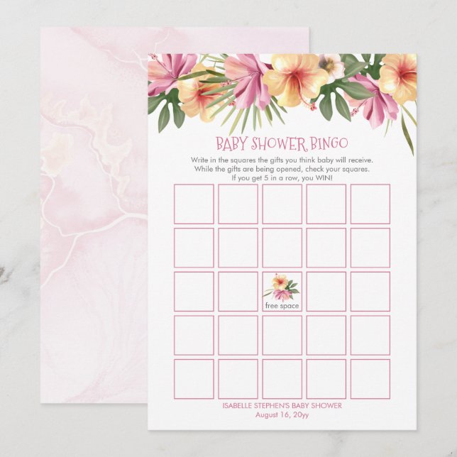 Tarjeta de bingo Baby Shower Blooms floral Tropica (Anverso / Reverso)