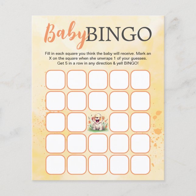 Tarjeta de Bingo Baby Shower con temas de León (Anverso)
