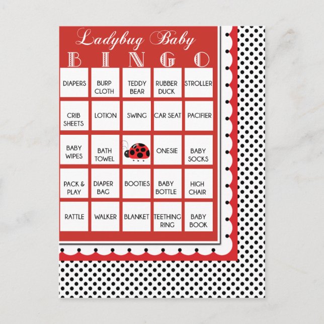 Tarjeta de bingo Baby Shower de Ladybug Polkadots  (Anverso)