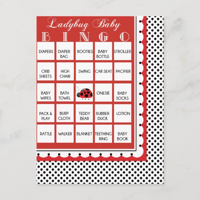 Tarjeta de bingo Baby Shower de Ladybug Polkadots  (Anverso)