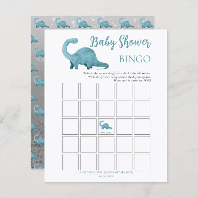 Tarjeta de bingo Baby Shower Dinosaur Boy Blue (Anverso / Reverso)