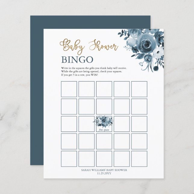 Tarjeta de bingo Baby Shower Floral Blue Gold Wate (Anverso / Reverso)