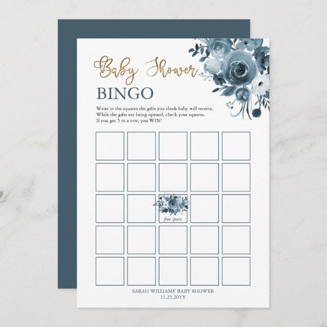 Tarjeta de bingo Baby Shower Floral Blue Gold Wate (Anverso / Reverso)