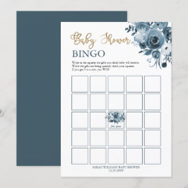 Tarjeta de bingo Baby Shower Floral Blue Gold Wate