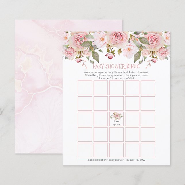 Tarjeta de bingo Baby Shower Floral Rosa (Anverso / Reverso)