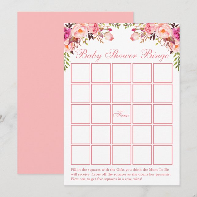 Tarjeta de Bingo Baby Shower Floral Rosa (Anverso / Reverso)