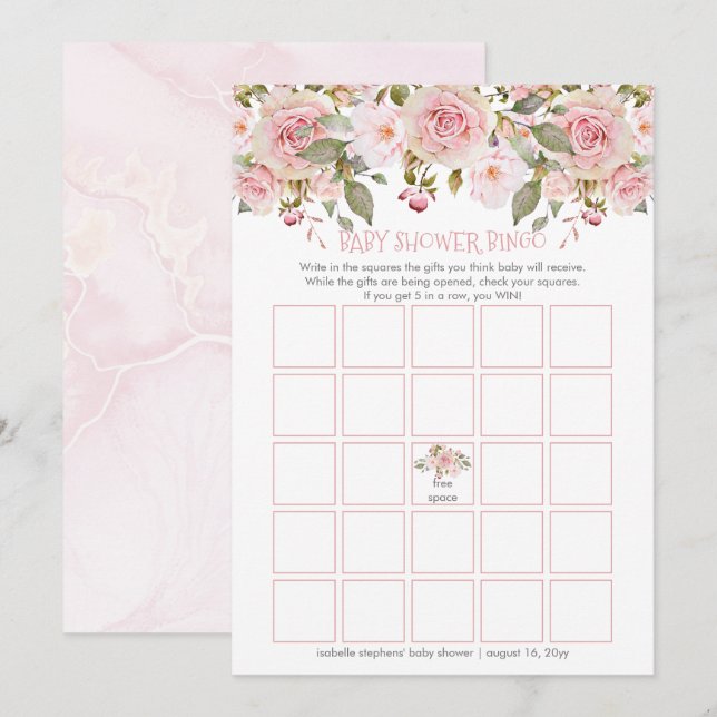 Tarjeta de bingo Baby Shower Floral Rosa (Anverso / Reverso)
